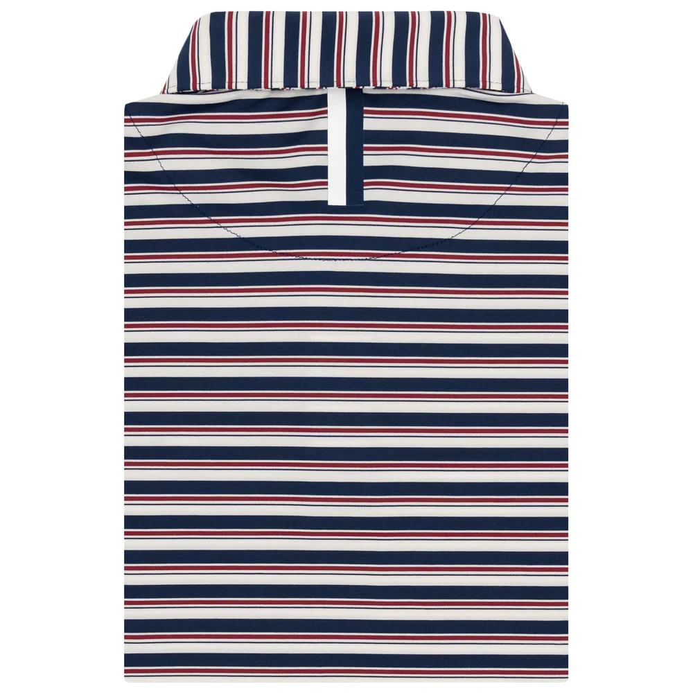 The Belmont Stripe Men's Short Sleeve Performance Polo Ivory/Fleet Navy/Barn Red