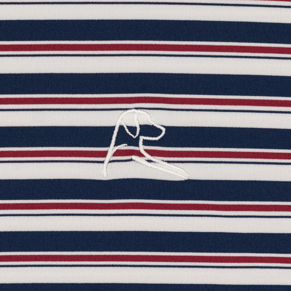 The Belmont Stripe Men's Short Sleeve Performance Polo Ivory/Fleet Navy/Barn Red