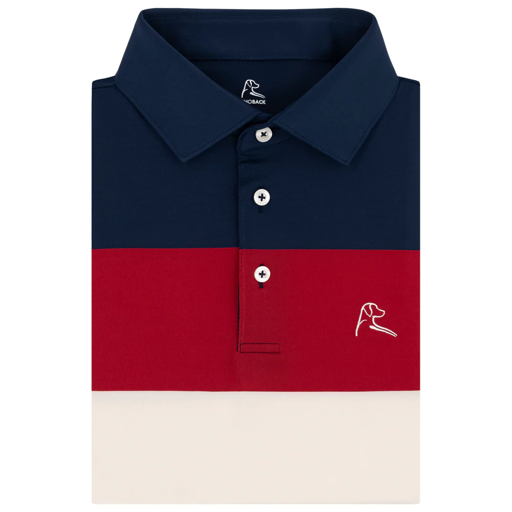 The Cannon Stripe Men's Short Sleeve Performance Polo Fleet Navy/Ivory/Cardinal Red