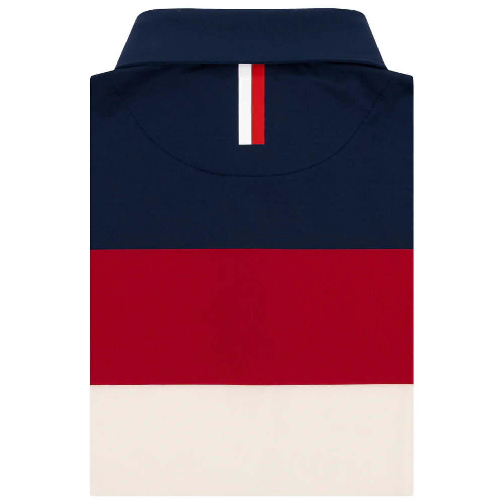 The Cannon Stripe Men's Short Sleeve Performance Polo Fleet Navy/Ivory/Cardinal Red