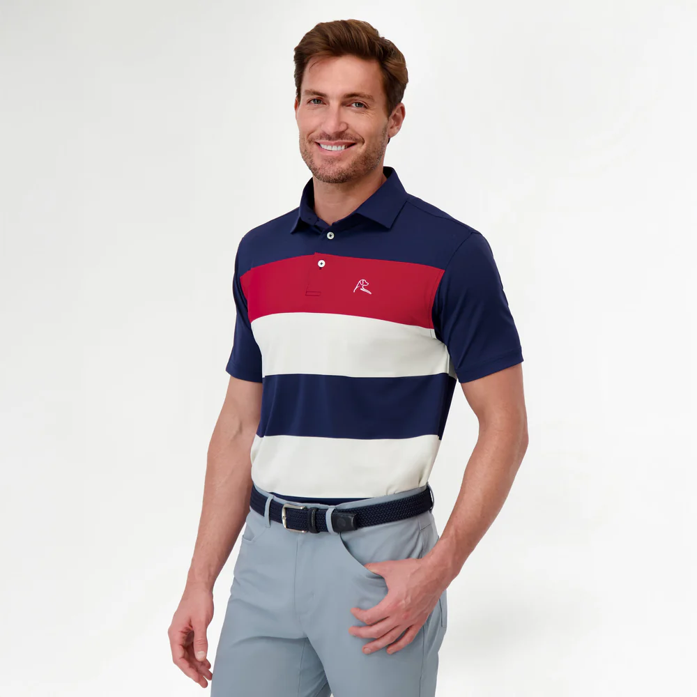 The Cannon Stripe Men's Short Sleeve Performance Polo Fleet Navy/Ivory/Cardinal Red
